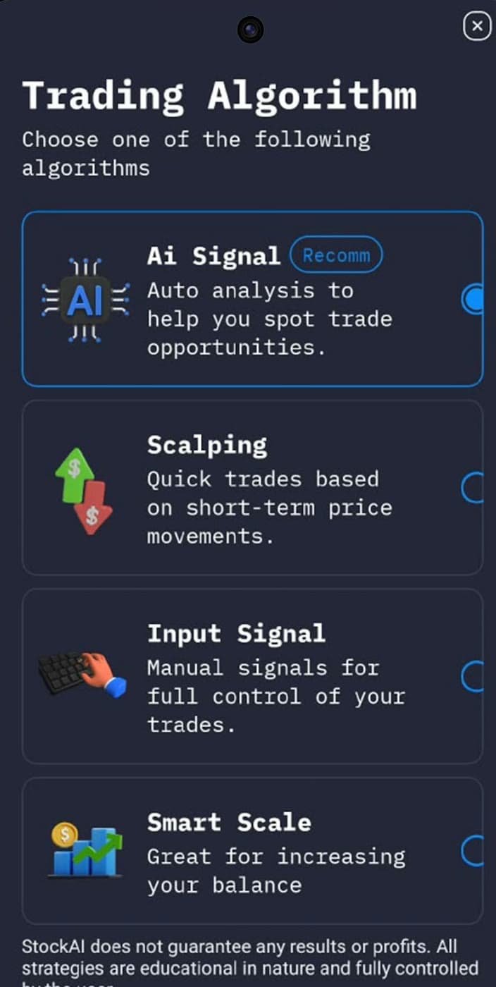 The algorithm chooser inside the StockAI app